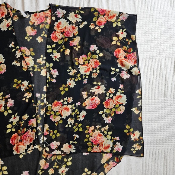 Floral Kimono Cardigan Wrap Black Rose Sheer Dark Romantic Garden Whimsigoth M - Picture 7 of 11